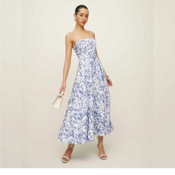 Reformation Monette Linen Floral Maxi Midi Dress Larkspur Blue White size 2 - Picture 7 of 7